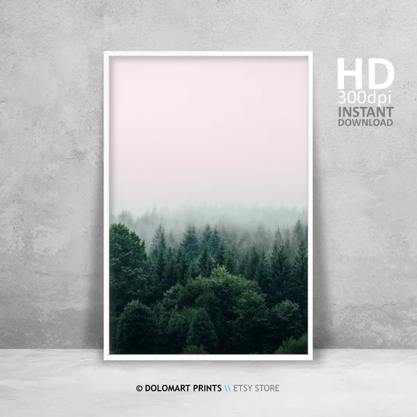 Minimal Forest Trees Art Print, Misty Green Poster