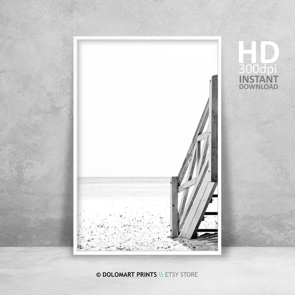 Black and White Beach Print, Tropical Coastal Poster