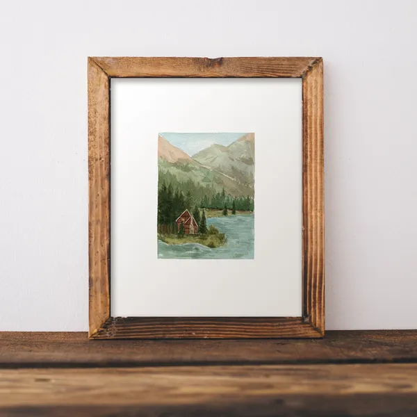 Watercolor Mountain Cabin Landscape Art Print