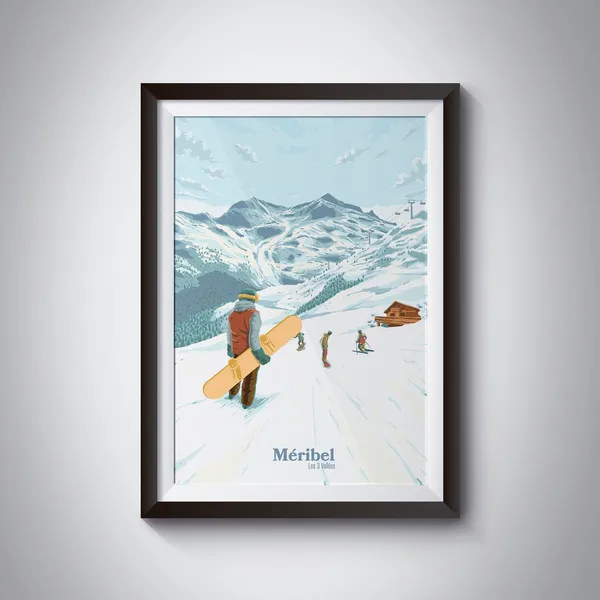 Meribel Snowboarding Poster, Vintage French Alps Art Print