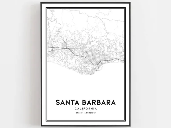 Santa Barbara Map, City Street Travel Poster