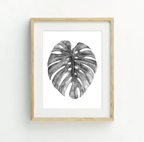 Monstera Leaf Print, Black and White Botanical Art