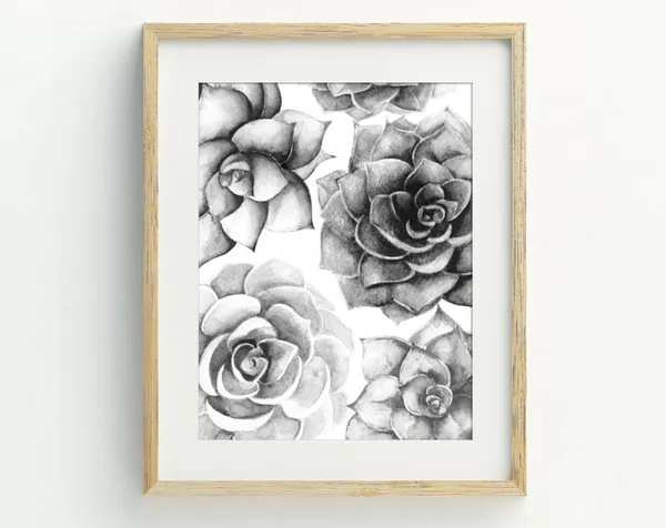 Black And White Succulents Print, Monochrome Decor