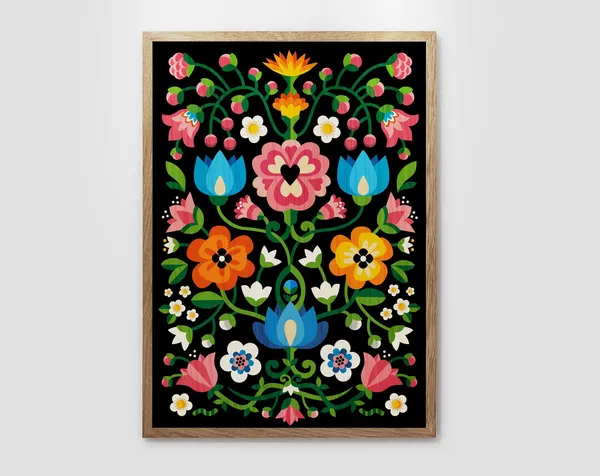 Mountain Flowers Art Print, Folk Motif Home Decor