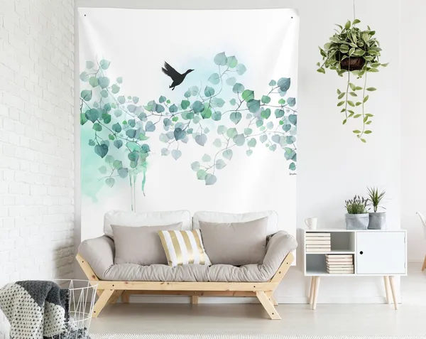 Blue Leaves Boho Botanical Wall Hanging Art Print