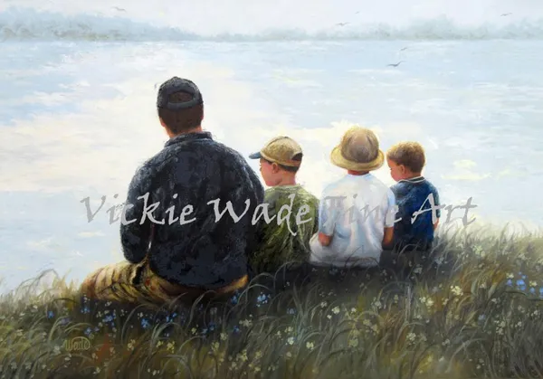 Father And Three Sons By Lake, Family Art Print