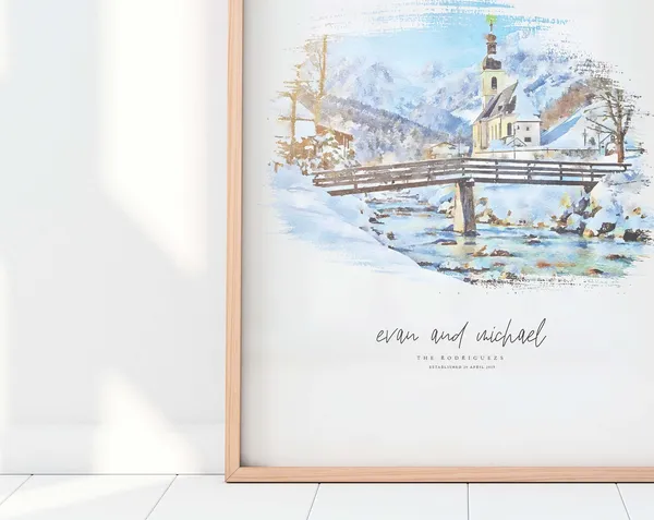Winter Wedding Venue Illustration, Watercolor Gift