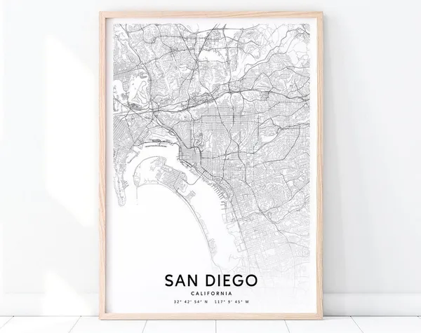 San Diego Map Print, Black White Modern Travel Poster