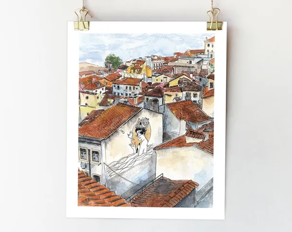 Lisbon Portugal Watercolor Art Print, Alfama City View
