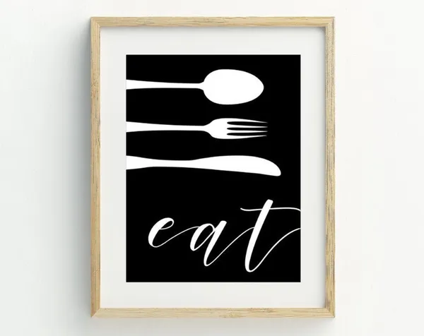 Eat Print, Black And White Minimalist Kitchen Art