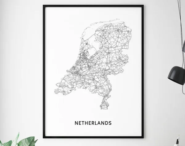 Netherlands Map Print, Black White Modern Office Decor