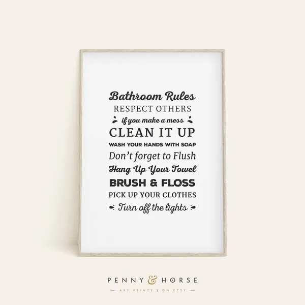 Bathroom Rules Print, Kids Bathroom Decor
