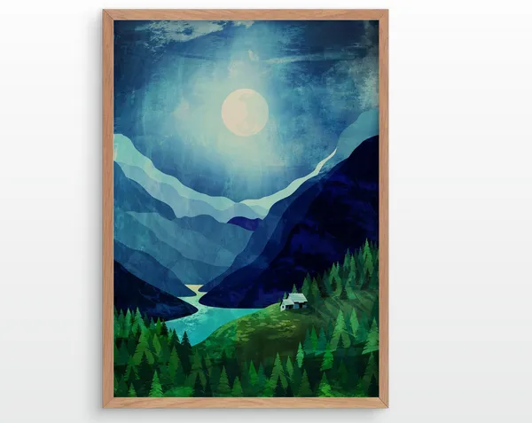Moonlight Shadow Mountain Landscape Art Print