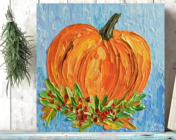 Impasto Pumpkin Halloween Art Print, Fall Acrylic Style