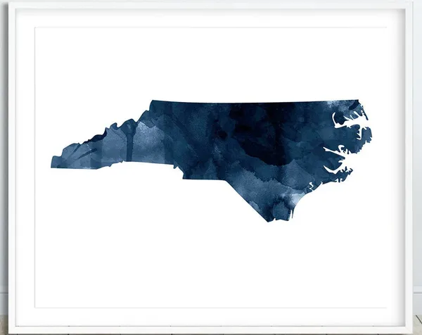 North Carolina State Map Print, Silhouette Watercolor