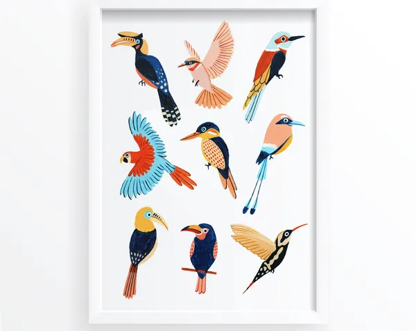 Parrot, Peacock & Toucan Botanical Art Print