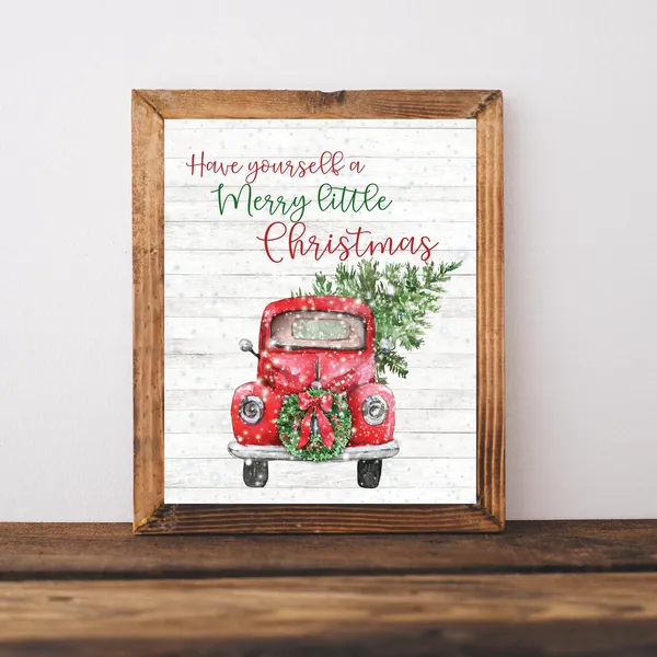 Merry Little Christmas Red Truck Poster, Rustic Decor