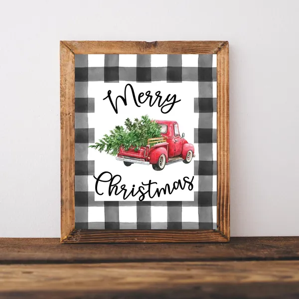 Merry Christmas Red Truck Farmhouse Holiday Art Print