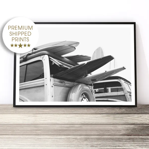 Vintage Van Surf Art Print, Black and White Beach Wall Art
