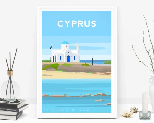 Cyprus Travel Poster, Mediterranean Landscape Art Print