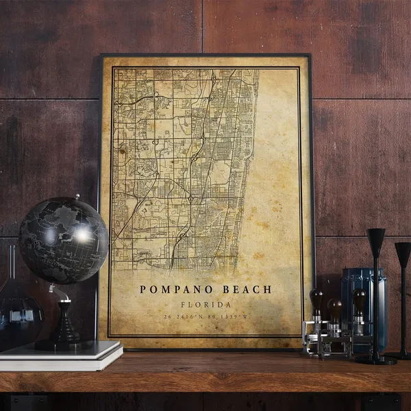 Pompano Beach Vintage Map Poster, Florida Artwork