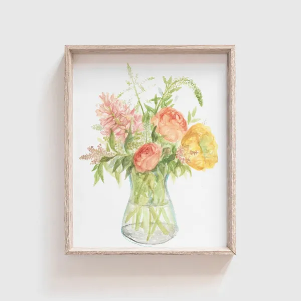 Flower Vase Watercolor Art Print, Floral Decor