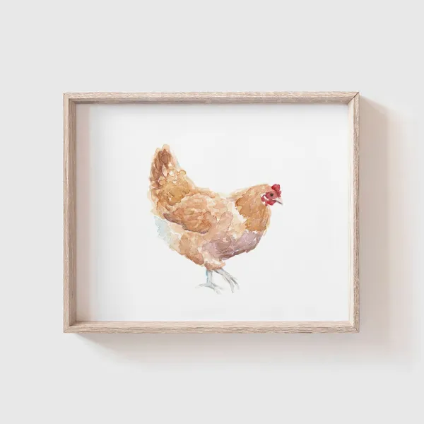 Yellow Chicken Watercolor Art Print, Farmhouse Kitchen Decor