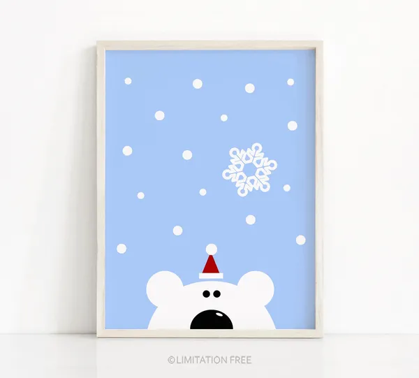 Polar Bear Christmas Art Print, Winter Holiday Decor