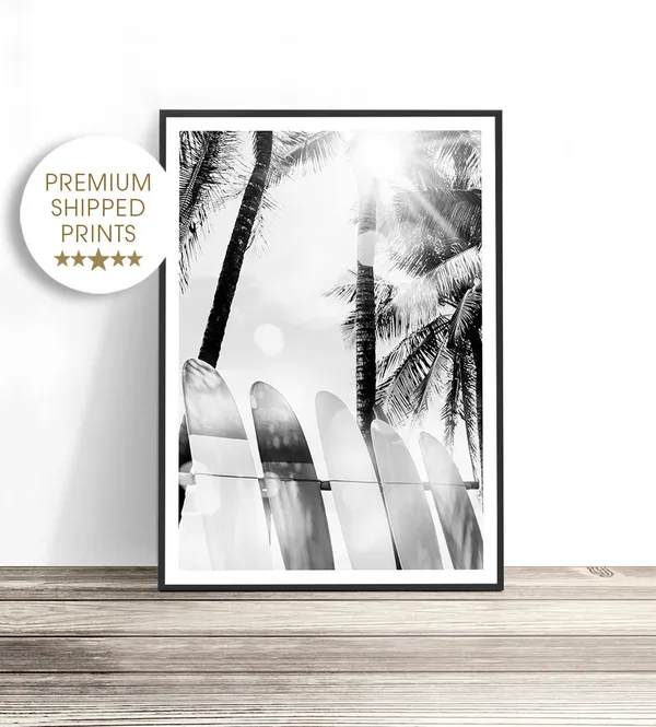 Surfboard Art Print, Black And White Beach Decor