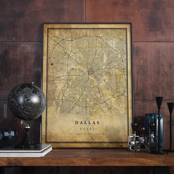 Dallas Vintage Map Poster, Antique Rustic Style