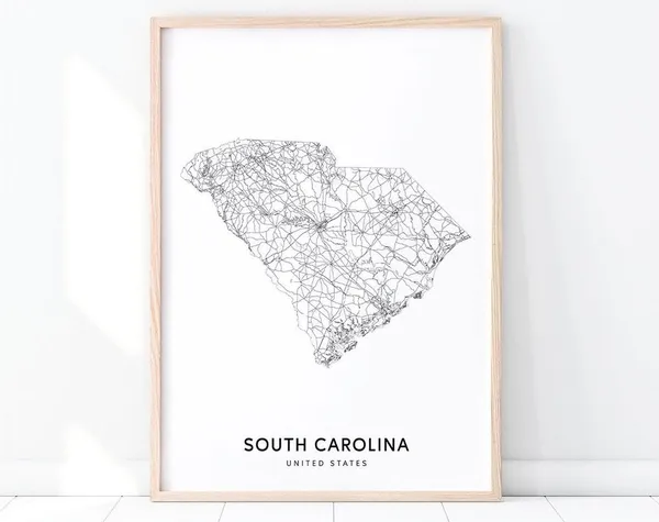 South Carolina Map Print, Modern State Road Poster