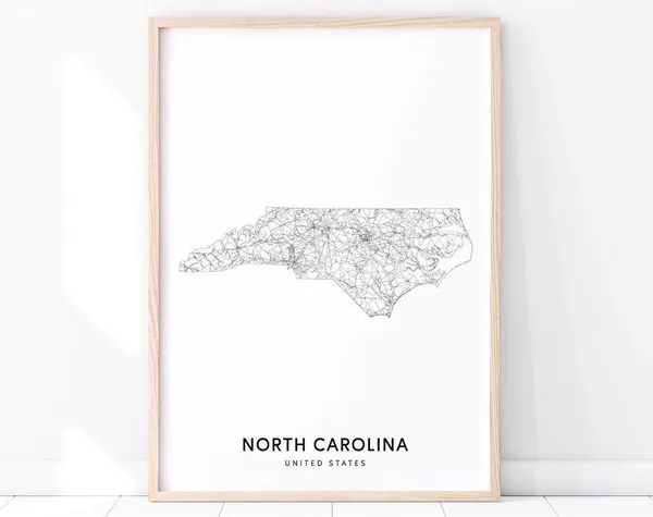 North Carolina Map Art Print, State Road Poster