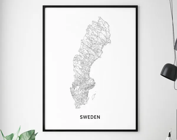 Sweden Map Print, Black and White Minimalist