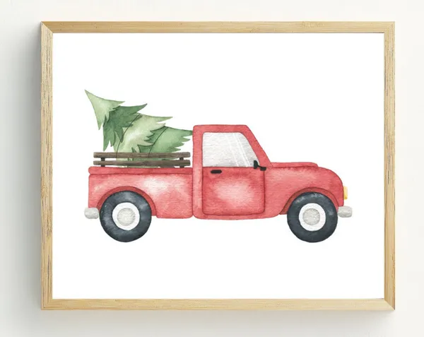 Red Truck And Tree Rustic Christmas Art Print
