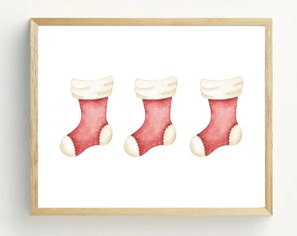 Christmas Red Stockings Art Print, Holiday Decor