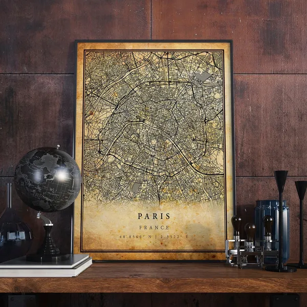 Paris Vintage Map Poster, Rustic France Travel Print