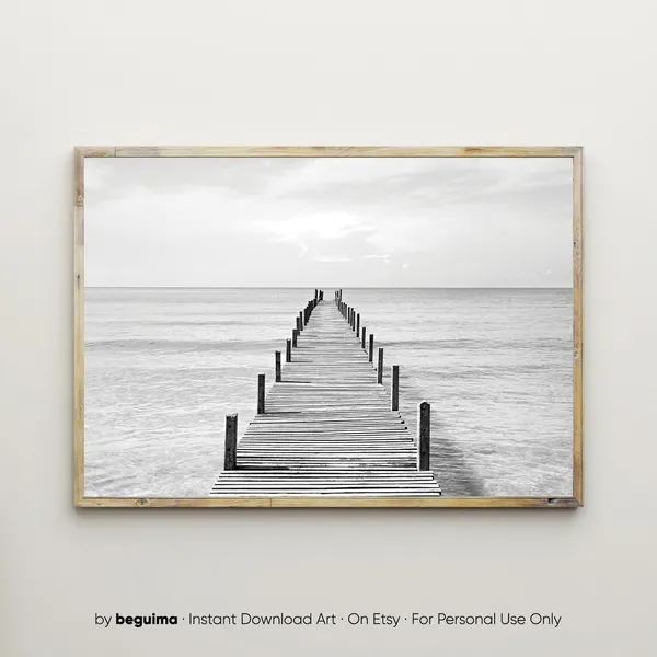 Wooden Pier Ocean Wall Art, Black White Photo Print