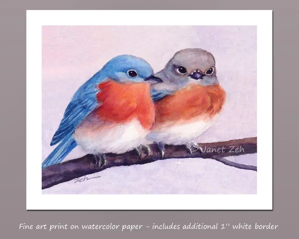 Two Bluebirds Watercolor Art Print, Janet Zeh
