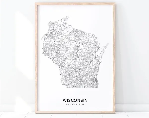 Wisconsin Map Print, Modern Road Map Poster