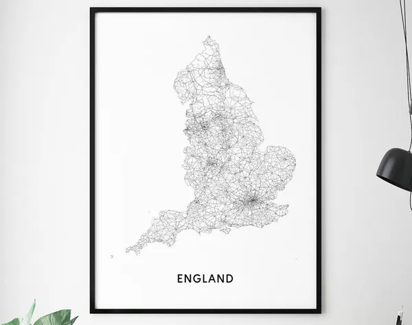 England Map Print, Black And White Modern Poster