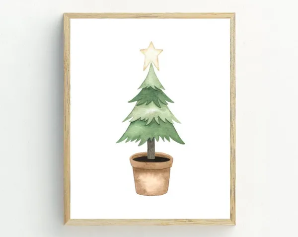 Christmas Potted Tree Art Print, Holiday Decor