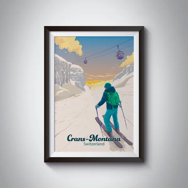 Crans Montana Swiss Alps Retro Skiing Travel Poster