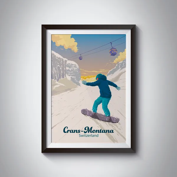 Crans-Montana Snowboarding Travel Poster, Retro Skiing