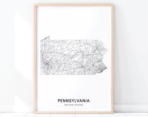 Pennsylvania Map Print, Modern Road Wall Art