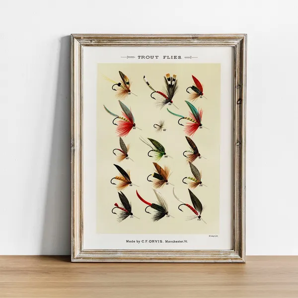 Trout Flies Vintage Fishing Poster, Cabin Decor