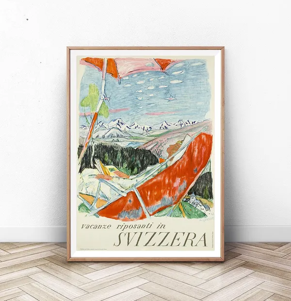 Switzerland Watercolor Vintage Travel Poster, Mountains