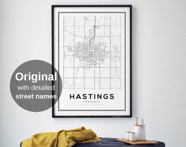 Hastings Map Print, Minimalist Nebraska Travel Poster