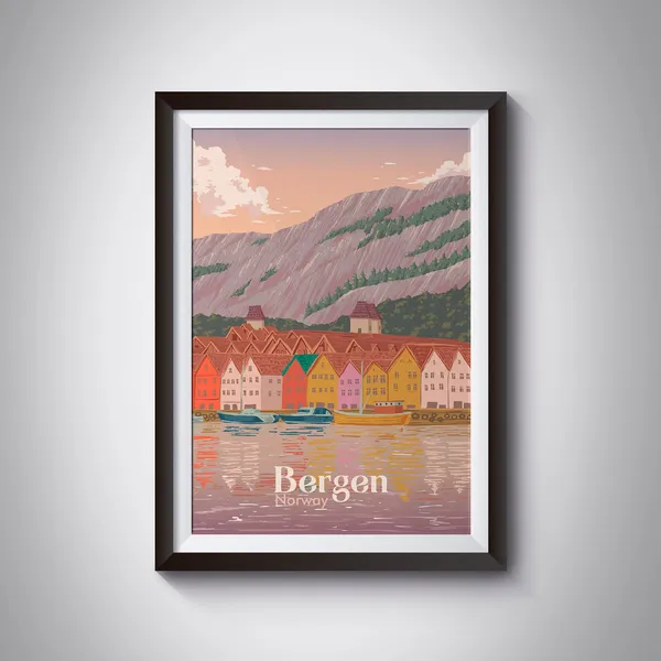 Bergen Norway Retro Travel Poster, Fjord Landmarks