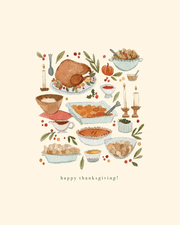 Happy Thanksgiving Illustrated Dinner Art Print