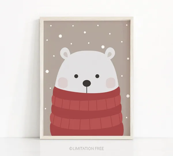 Polar Bear Christmas Decor Art Print, Winter Holiday